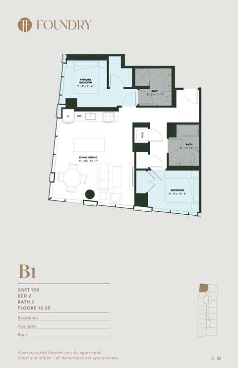 Floor plan for 2 beds, 2 baths, 980 sqft